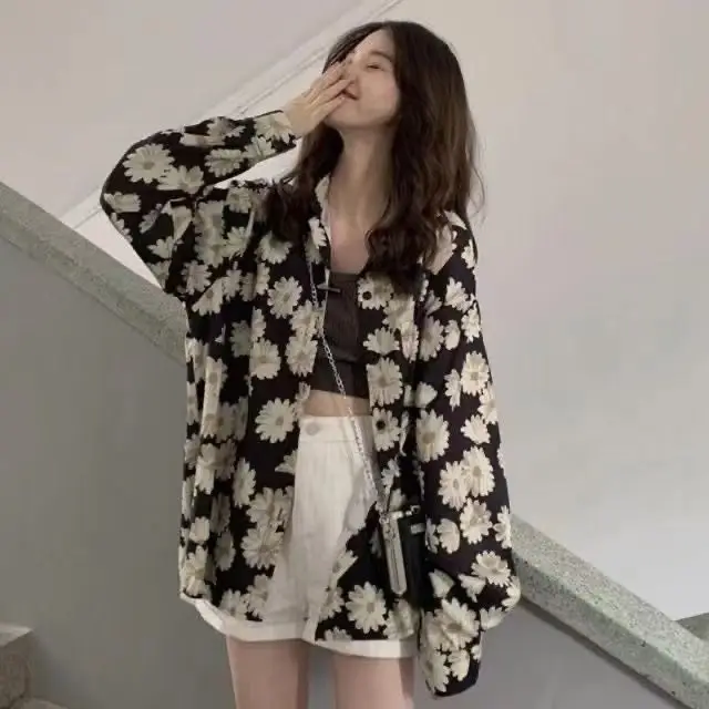 Daisy Print Women\'s 2023 Shirt Spring and Autumn New Korean Cardigan Version Retro Loose Slimming Long Sleeves All-match Blouses