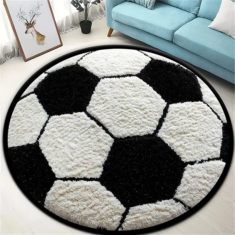 Classic Black and White Soccer Ball Design Round Rug for Football Fans Textured Surface Non-Slip Floor Mat Home Decor