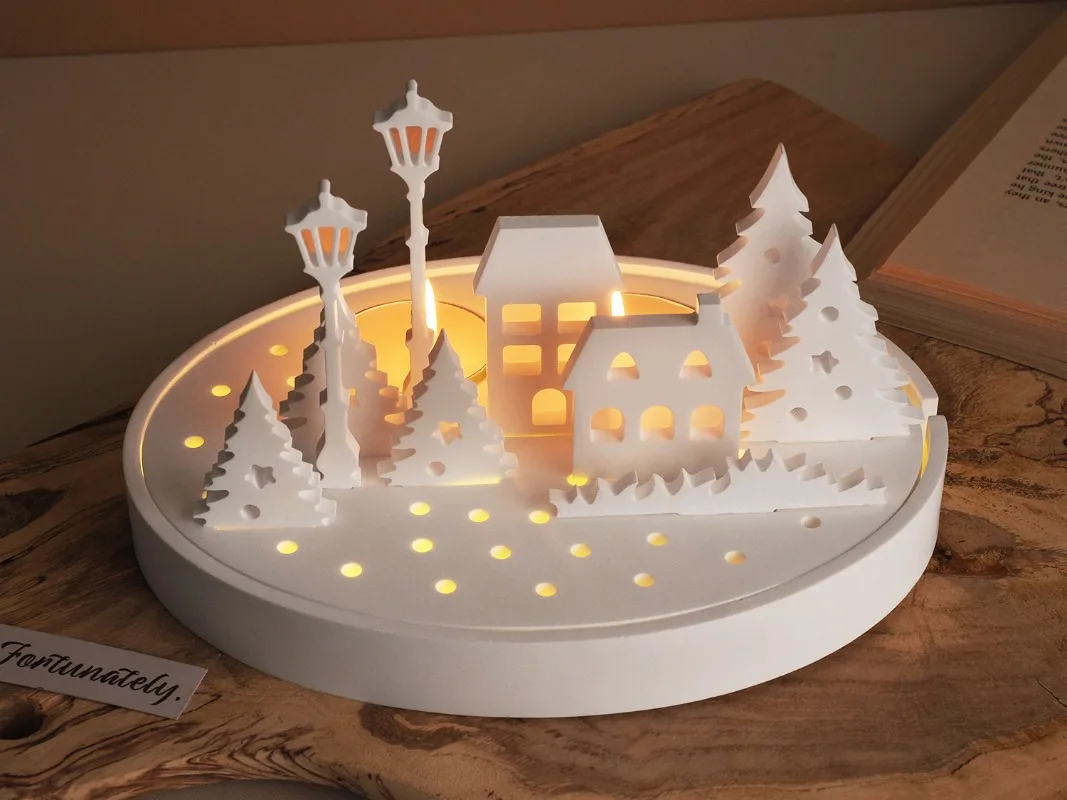 Hollow House Design Tealight Candle Holder Silicone Mold DIY Street Lamp Tree Ornaments Gypsum Pouring Resin Mold Home Decor