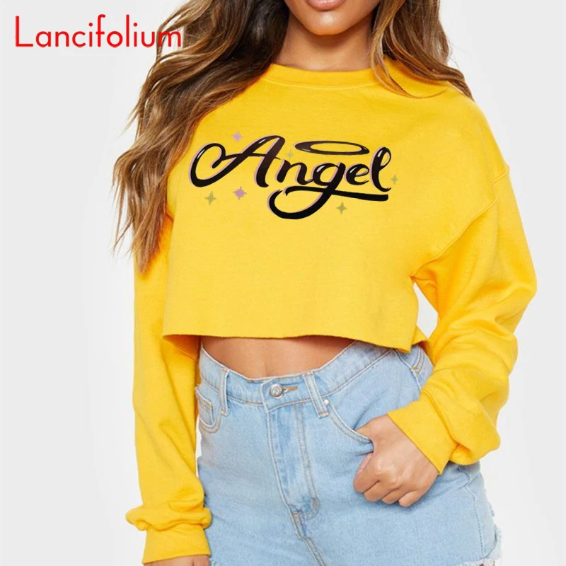 

White Angel Letter Print Graphic Hoodie Crop Top Sexy Y2k Korean Vintage Crewneck Streetwear Sweatshirt Fall Tshirt Women 2023