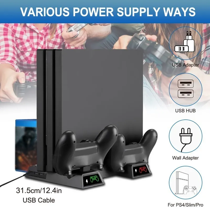 Supporto per ventola di raffreddamento per Console PS4/PS4 Slim/PS4 Pro dispositivo di raffreddamento verticale con caricatore a doppio Controller per accessori di raffreddamento PS4