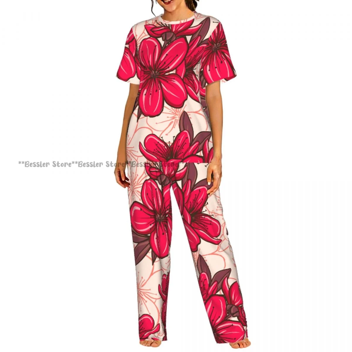 

Cherry Blossom Pattern Pajamas Set Short-sleeved Women Home Clothing