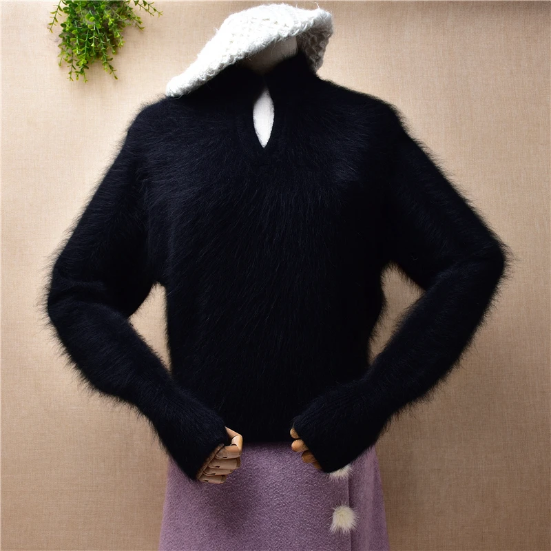 Female Women Fall Winter Black Hairy Mink Cashmere Knitted Medium Turtleneck Slim Blouses Pullover Angora Fur Jumper Sweater Top