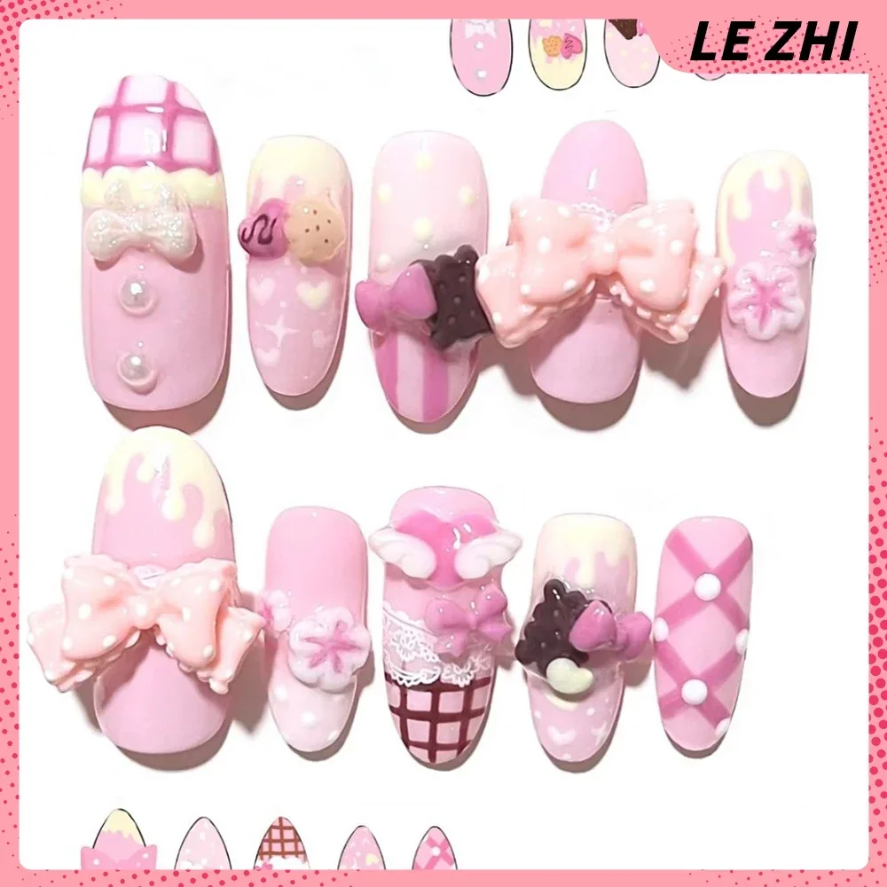 3D Kawaii Hand-Carved Rilakkuma Press On Nails Art Cartoon Animal Rabbit Monkey Cat Sweet Strawberries Fake Nail Gift view 2
