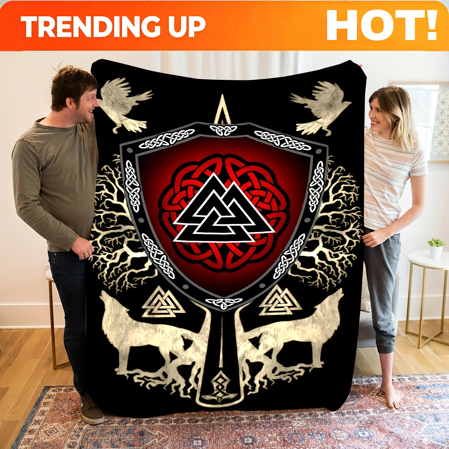 Customize Vibrant Cozy Viking Valhalla Flannel Blanket – Norse Mythology Design with Celtic Knot, Tree of Life & Beasts – Soft,
