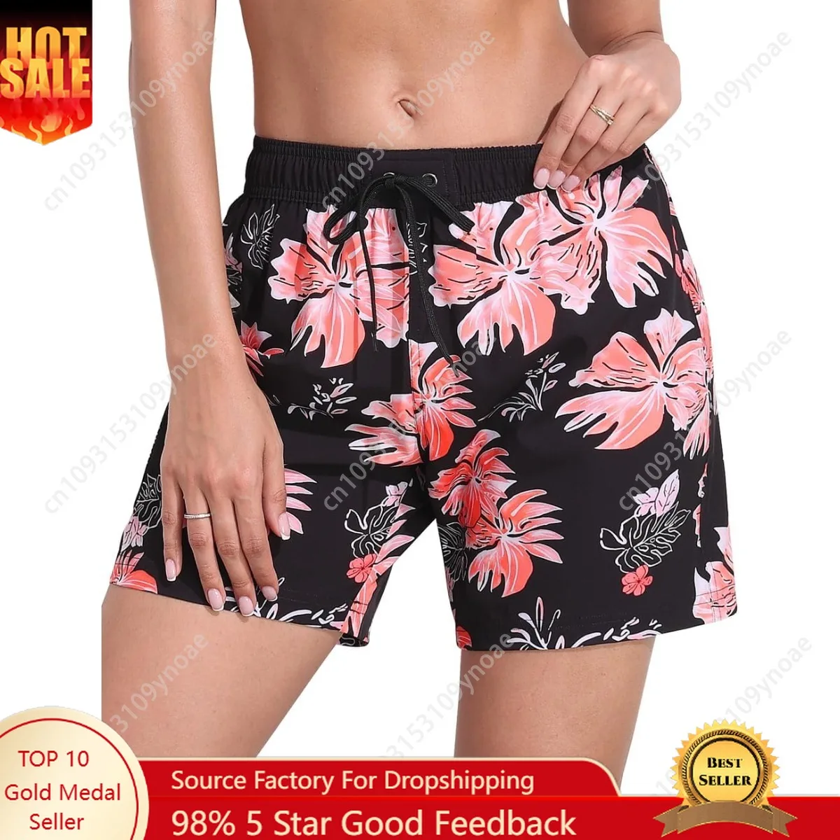 

Vintage Floral Print Women Quick Dry Surf Shorts Solid Stretch Swim Scanties Retro Lace Up Bathing Suit Panties with Pockets