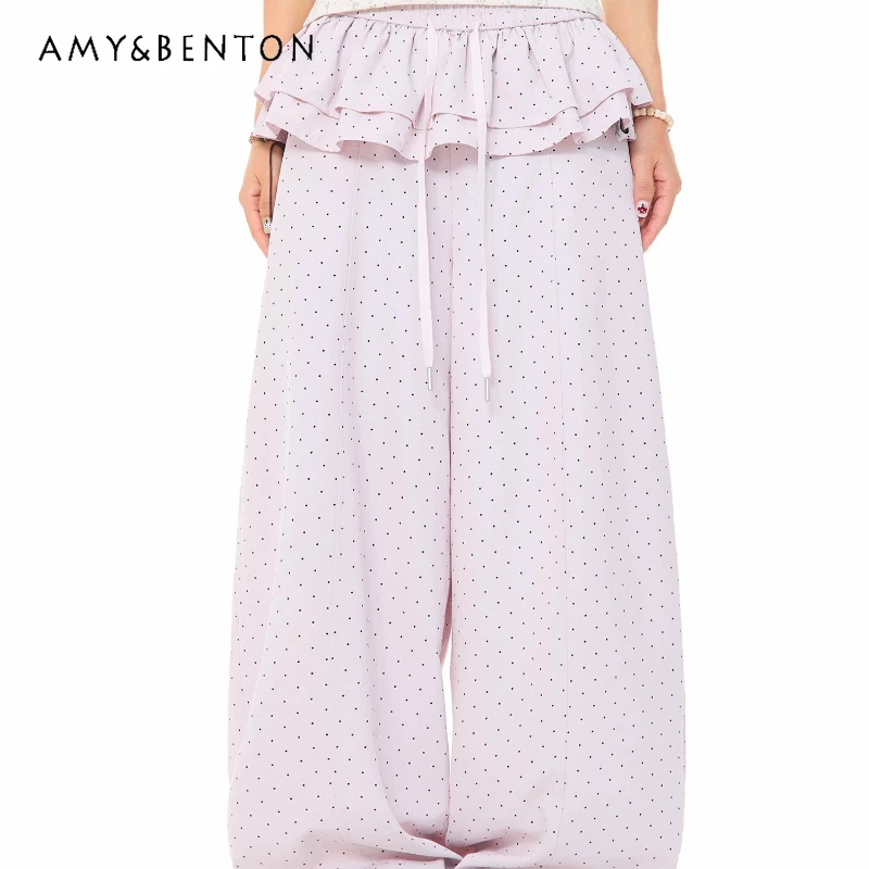 

Korean Girl Design Pleated Fart Curtain Polka Dot Women's Wide-leg Pants 2026 New Light Breathable Drape Casual Trousers Ladies