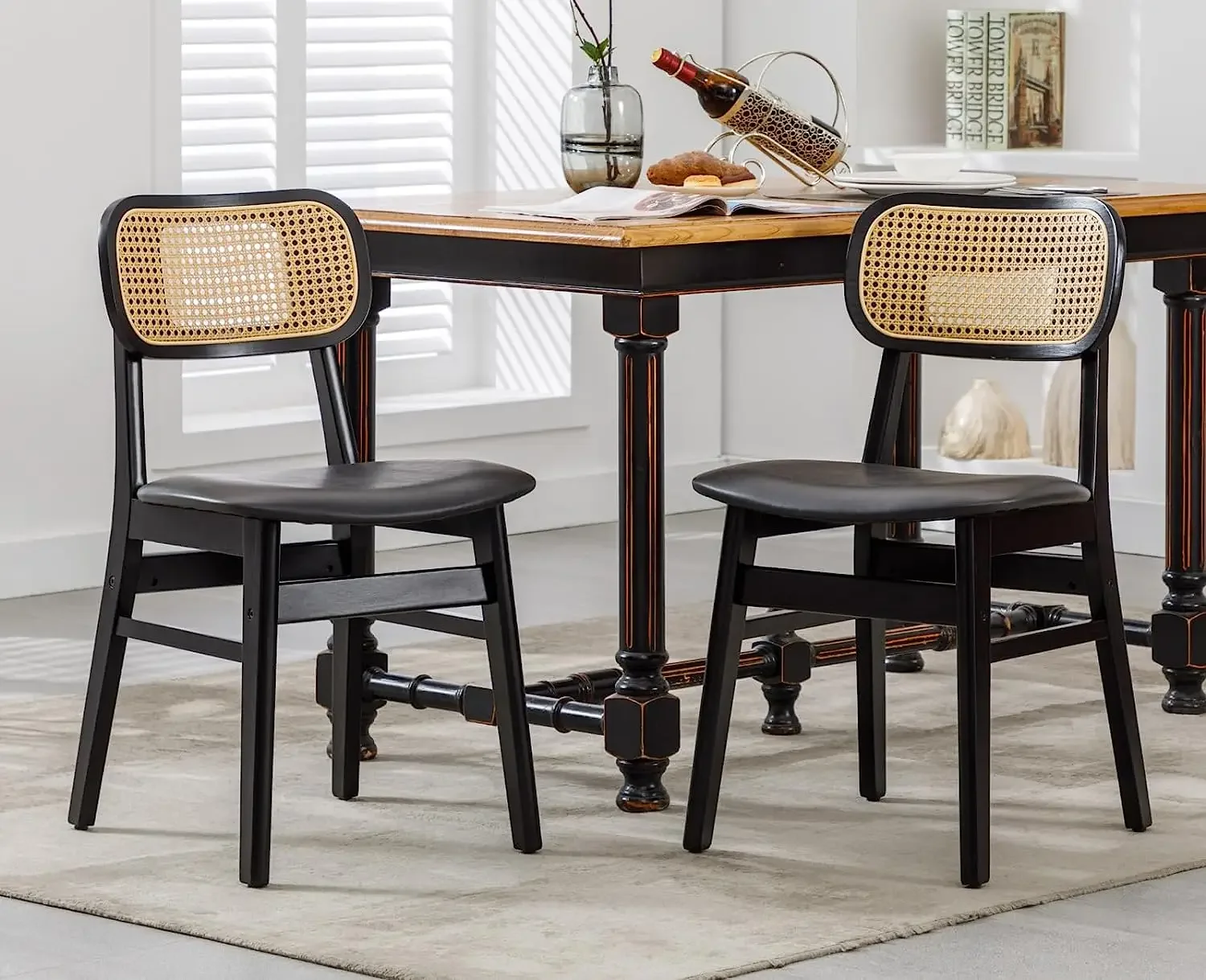 

A Mid Century Modern Rattan Dining Chairs Set 2 Curved Back Farmhouse Wood Kitchen Chairs Leather Upholstered Chairs Dining