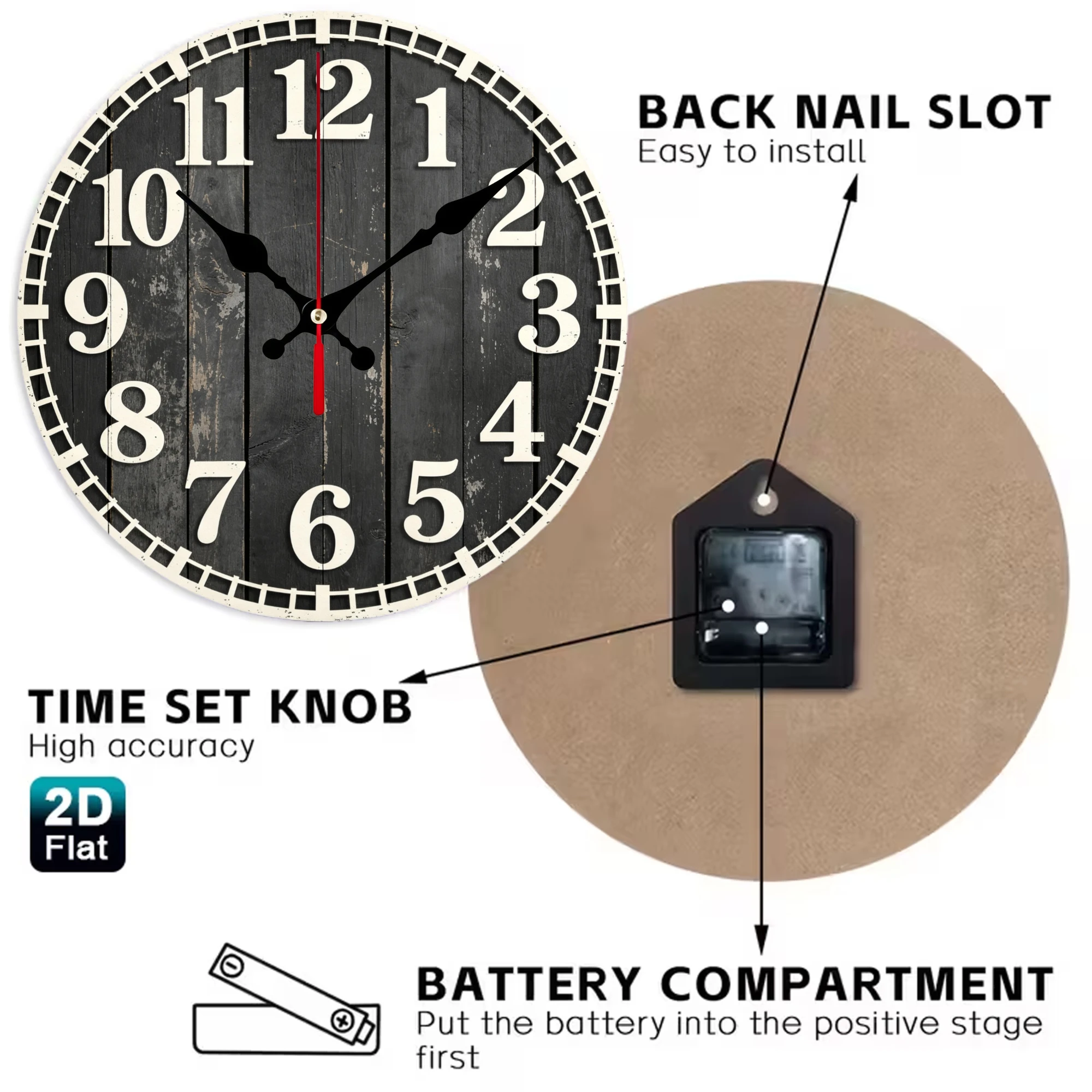 Black Distressed Wood Wooden Wall Clock, Silent Non Ticking Quartz Movement, 10/12 Inch Round Wood Clock for Home Decor, Living Room Bedroom Wall Decoration