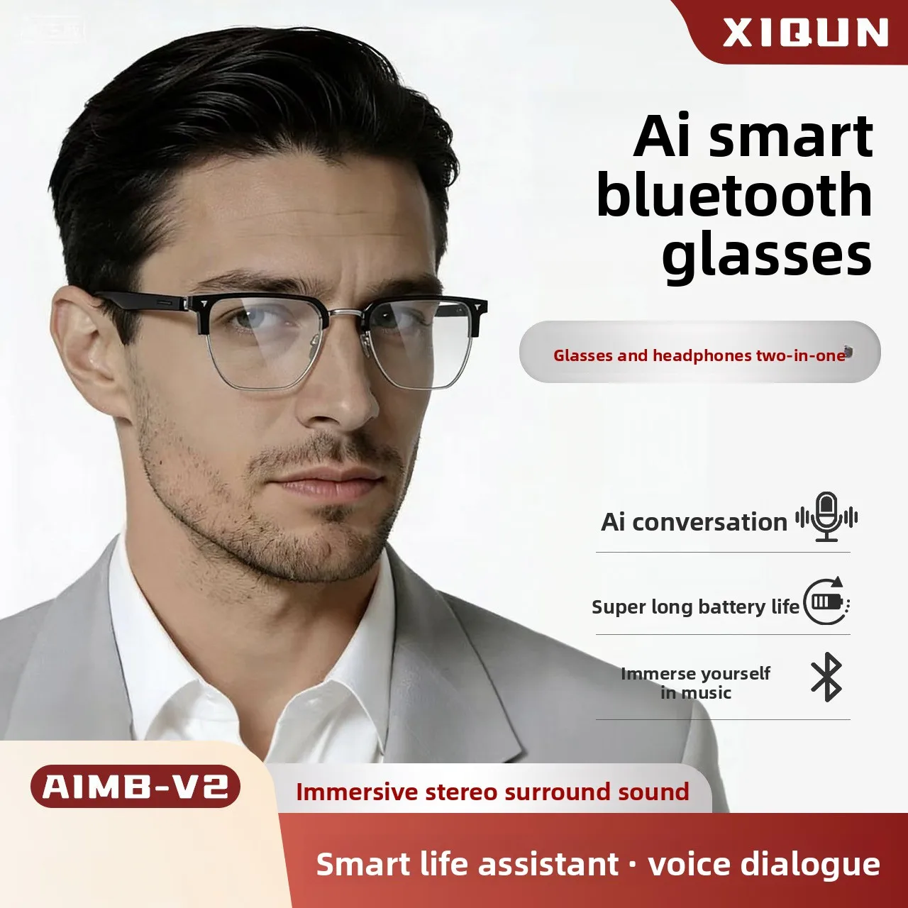 Smart glasses AIBM-V2 with metal frame, Bluetooth communication voice assistant, anti-blue light protection