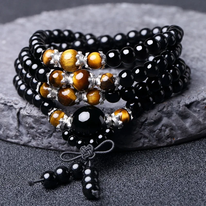 Handmade 6mm Obsidian Beaded Bracelets Buddhist Buddha Meditation 108 Prayer Beads Mala Bracelet Women Men Jewelry