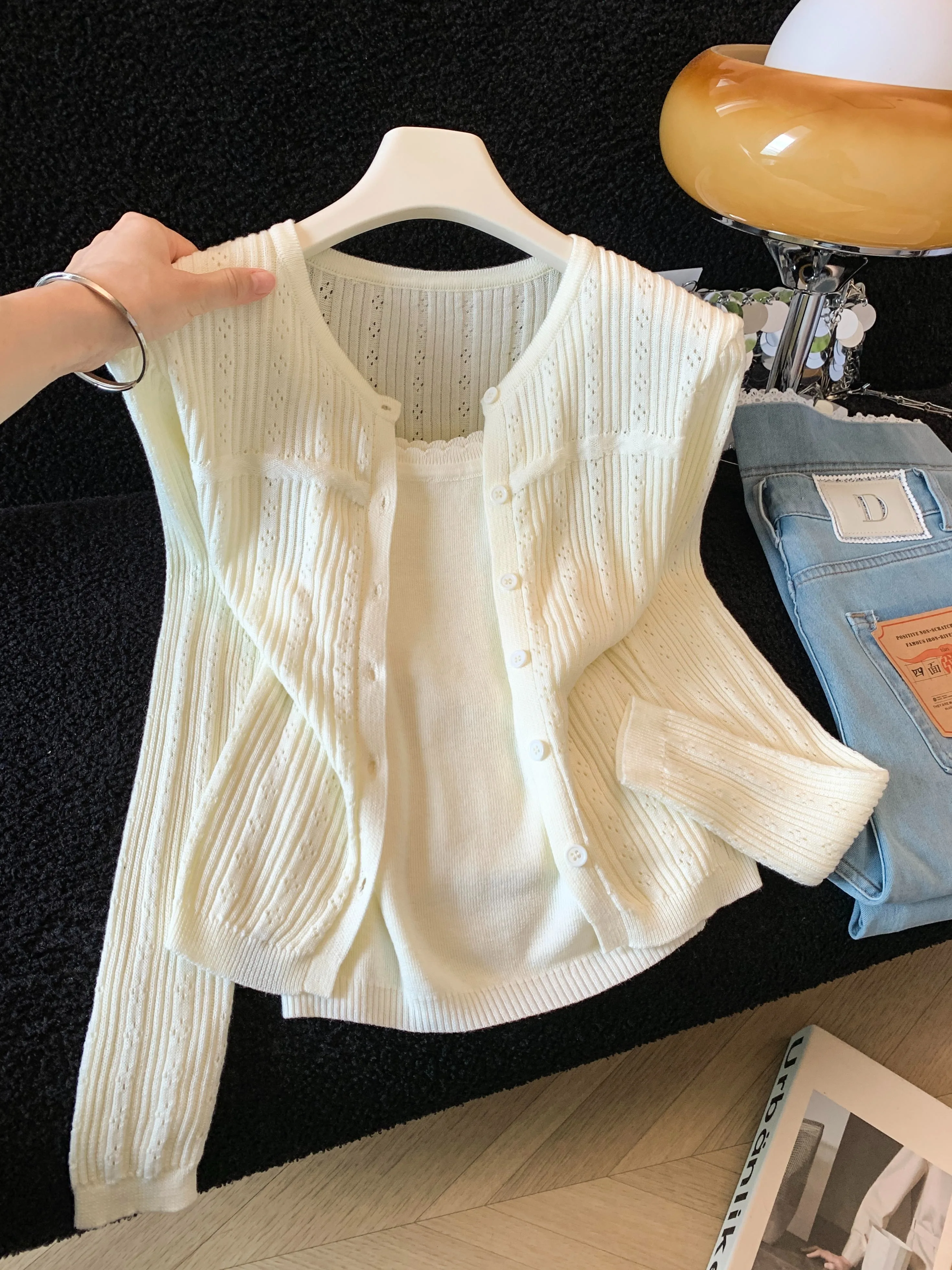 Women's Long Sleeve Knitted Open Cardigan Hollow out Design Summer Camisole Top Two Piece Set Soft Korean Style Commute Fashion