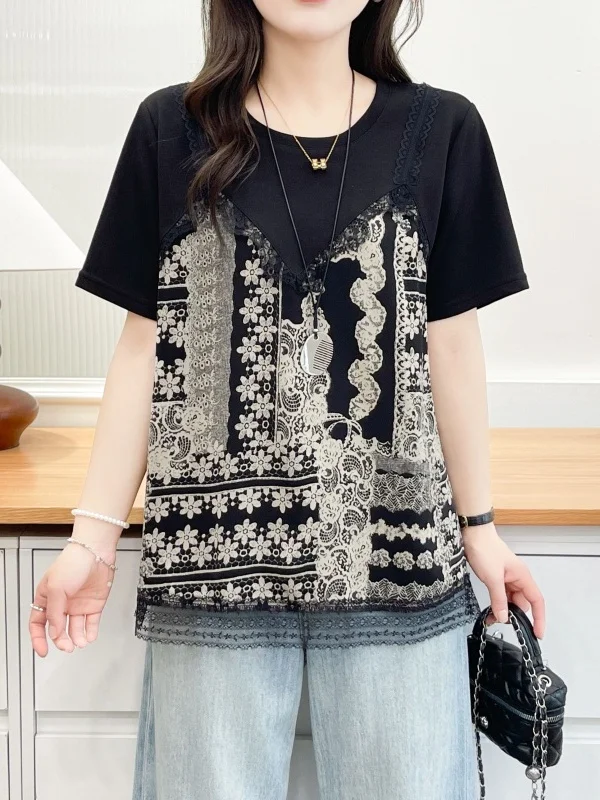 2026 New Summer Short Sleeve T-Shirt Large Size Black Floral Print Lace Splicing Belly Cover Anti-Aging Top Casual Style Poly...