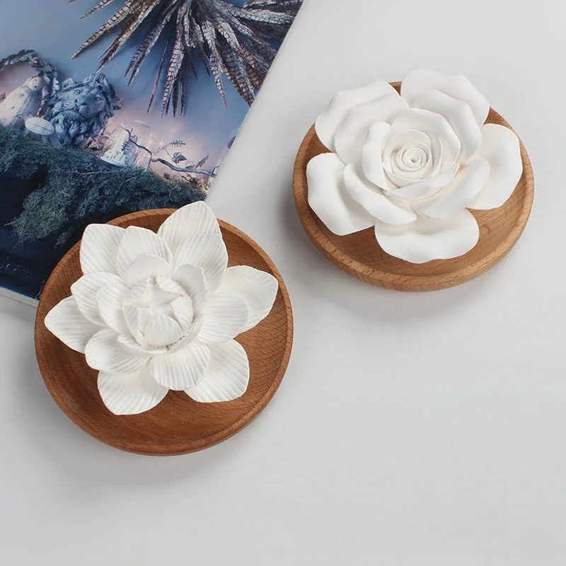 Exquisite Handmade Rose and Lotus Ceramic Flower with Wooden Holder for Aromatherapy and Decoration