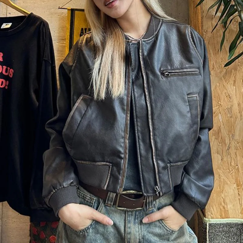 Abrigos y chaquetas nuevas para mujer, chaqueta de cuero de motocicleta antigua limpia a mano, Top corto Retro marrón, abrigo informal holgado con cremallera, ropa femenina