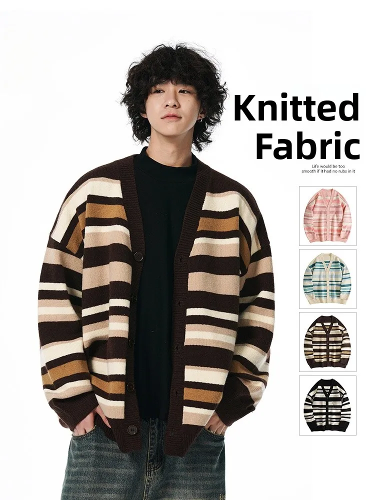 

Мужской зимний вязаный свитер с V-образным вырезом в полоску, винтажный, с цветовыми блоками, универсальная верхняя одежда, повседневный свободный крой, с длинными рукавами, утепленный