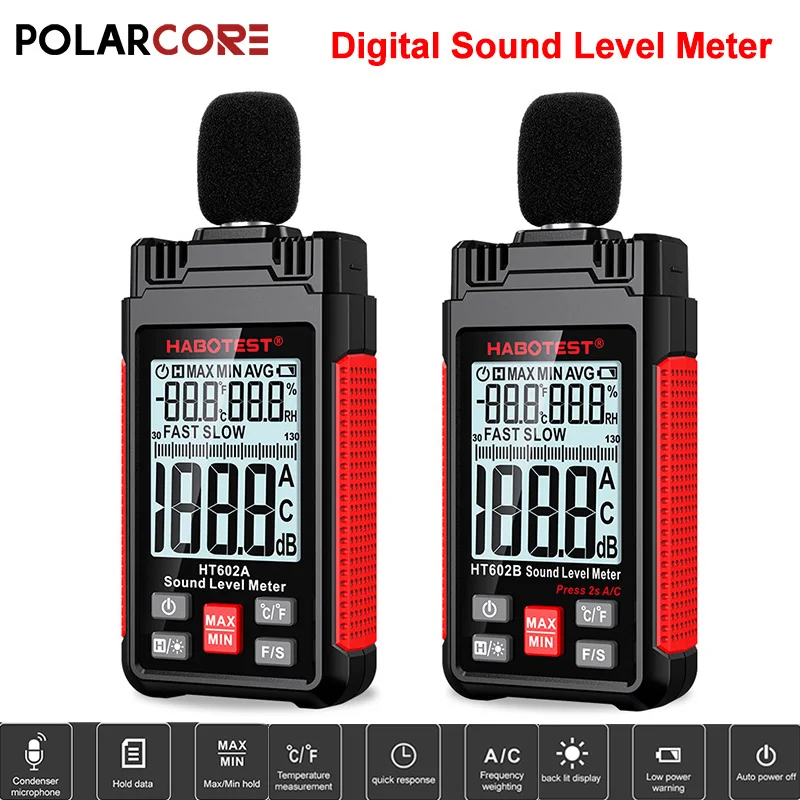 

HT602 Digital Sound Level Meter 30-130dB Decibel Monitoring Tester Noise Meter with Fast/Slow Dual Measurement Mode Noise Meter