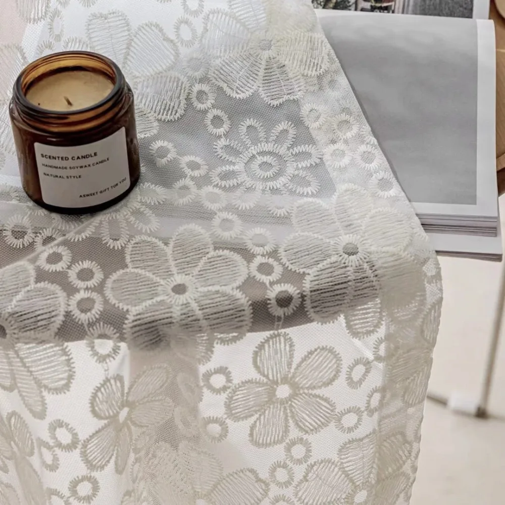 French Romance Flower Embroidery Lace Sheer Curtains for Living Room, Bedroom, Balcony, Farmhouse Decorative Unlined Voile Drape