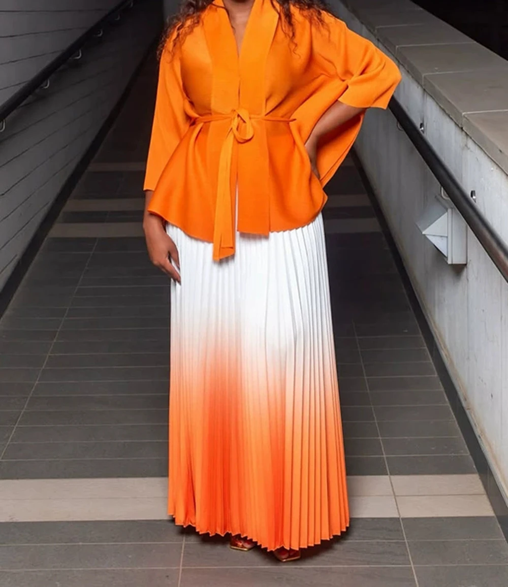 Rockanzug in Übergröße für Damen, Sommer, schmal, zweiteilig, langer Rock, plissiertes Oberteil, Faltenrock-GZXX1022