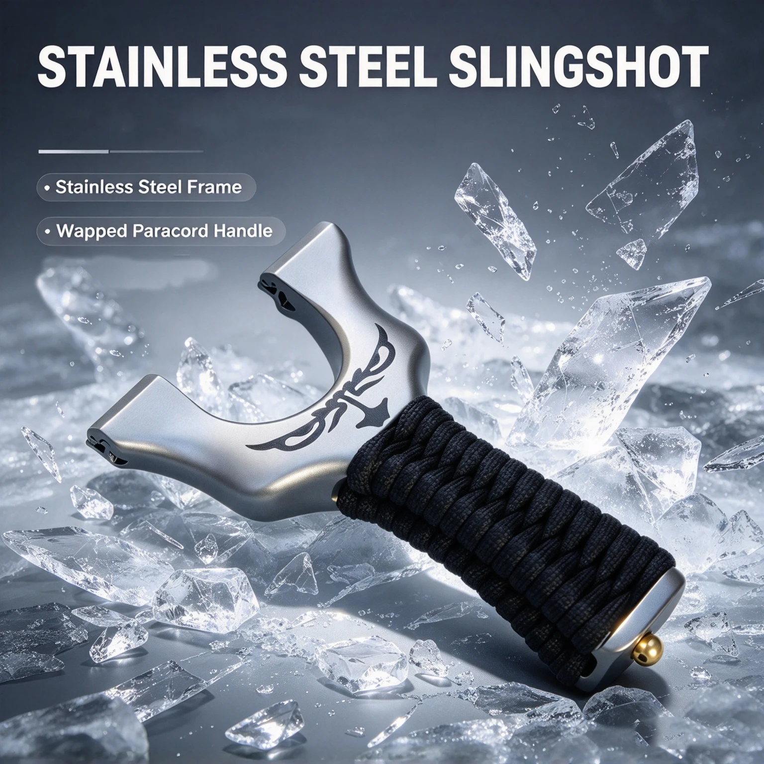 Stainless Steel Recurve Y-Shaped Slingshot Serrated Top Clamp with Wrapped Handle & Tribal Graphic for Outdoor Practice