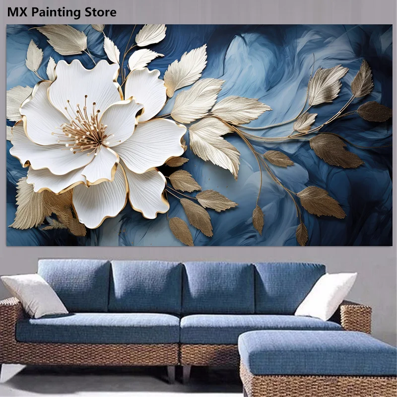 

Abstract Blue Background Poster, White Flowers, Canvas Painting, Nordic Living Room Decor, Wall Art Picture, Unframed