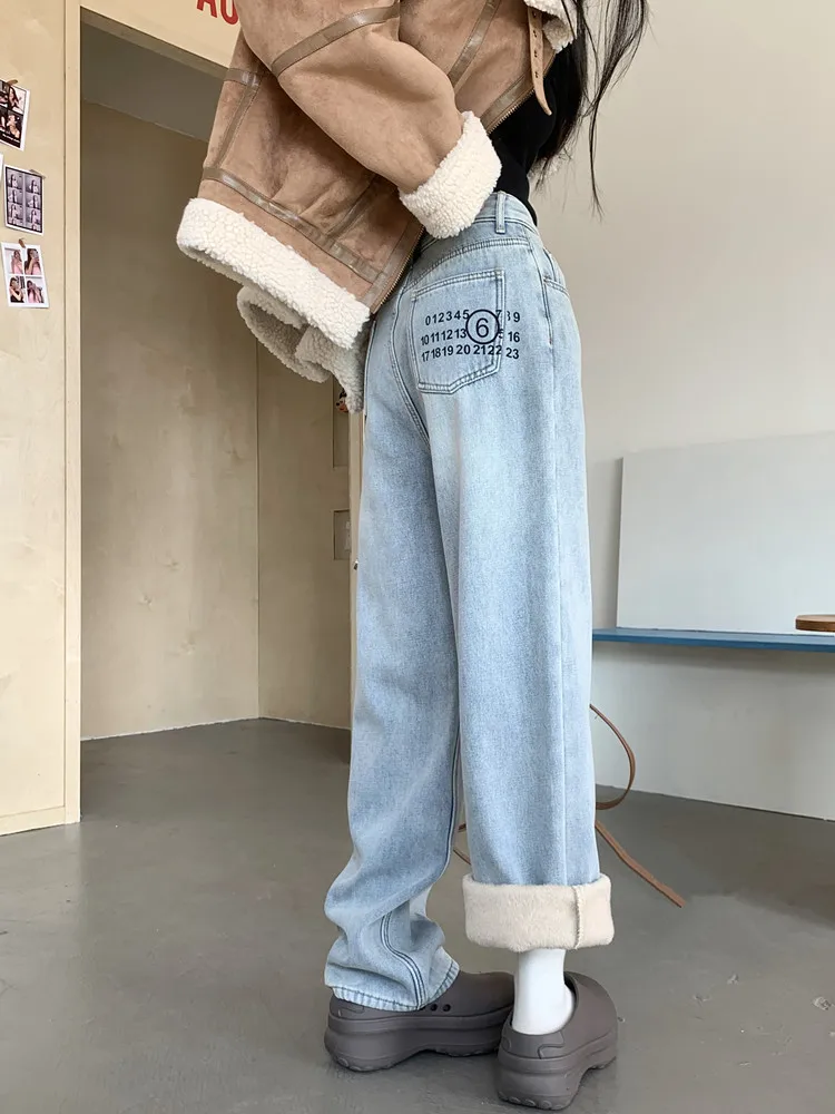 2023 Autumn Number Embroidery Warm Thicken Y2K Baggy Jeans Pants Women Clothes Washed Blue Straight Kpop Lady Elegant Trousers