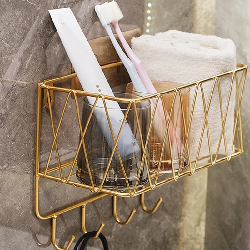 Shower Shelf Organizer Rack Bathroom Shelf No Drill Wall-Mounted Golden Iron Toiletries Storage Rack with Hook for Shampoo Home