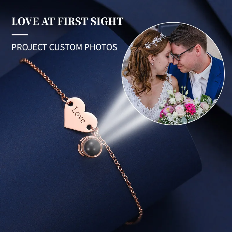 

Custom Photo Projection Bracelet Stainless Steel Heart Zircon Jewelry Adjustable Chain For Girlfriend Valentines couple gifts