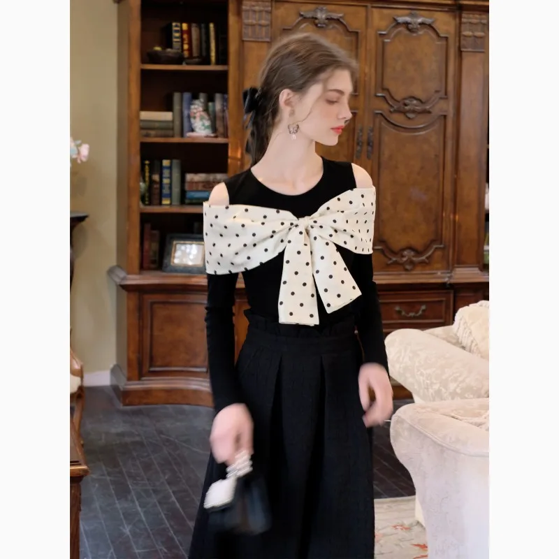 Kimotimo T Shirt Women French Retro Bow Polka Dot Patchwork Off Shoulder Long Sleeve Crop Tops 2204 Autumn Y2k Slim Tee Pullover image 4
