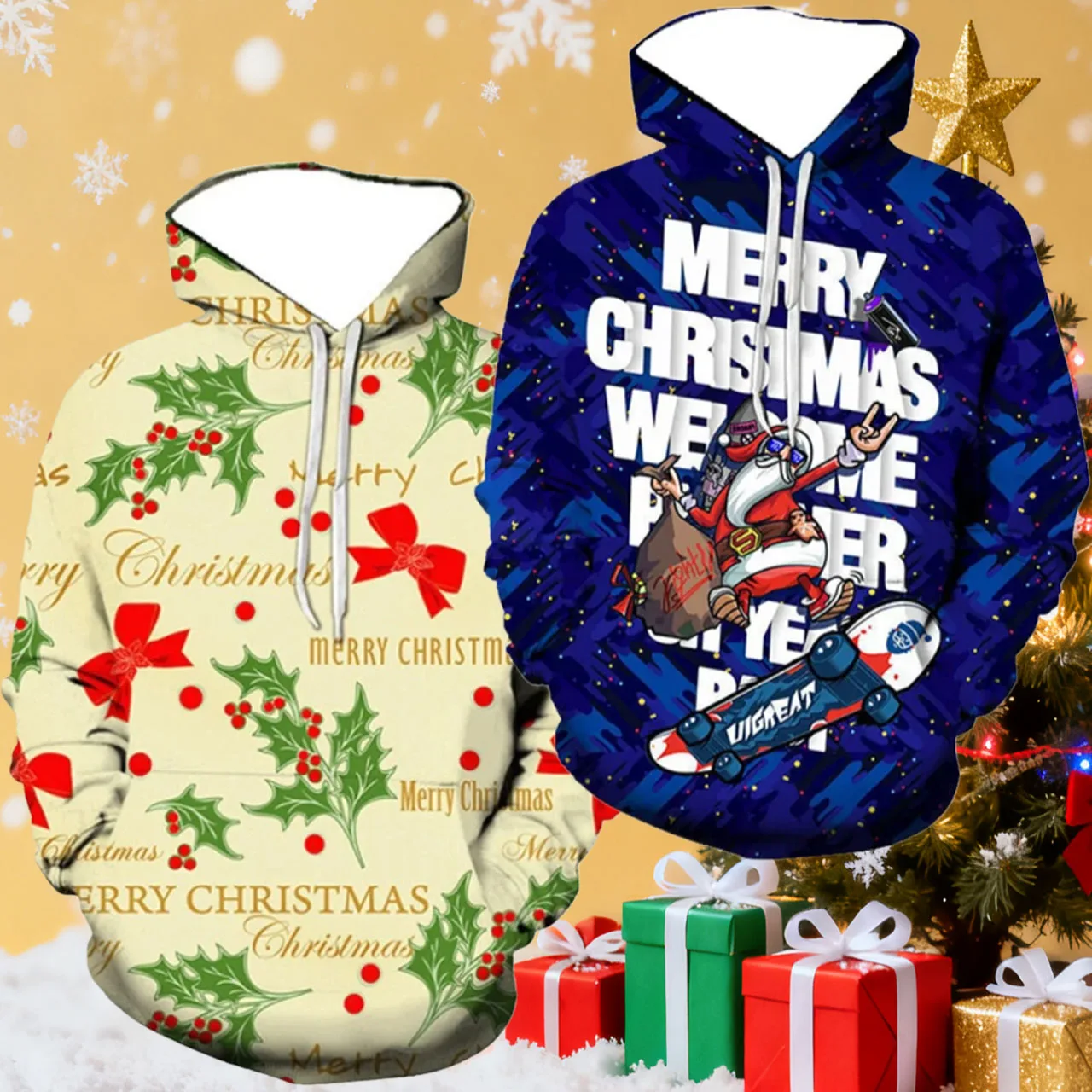 

New Christmas Fashipon Printed Pullover for Men/women Warm Windproof Long Sleeved Hoodie Children's Outdoor Casual Sports Top