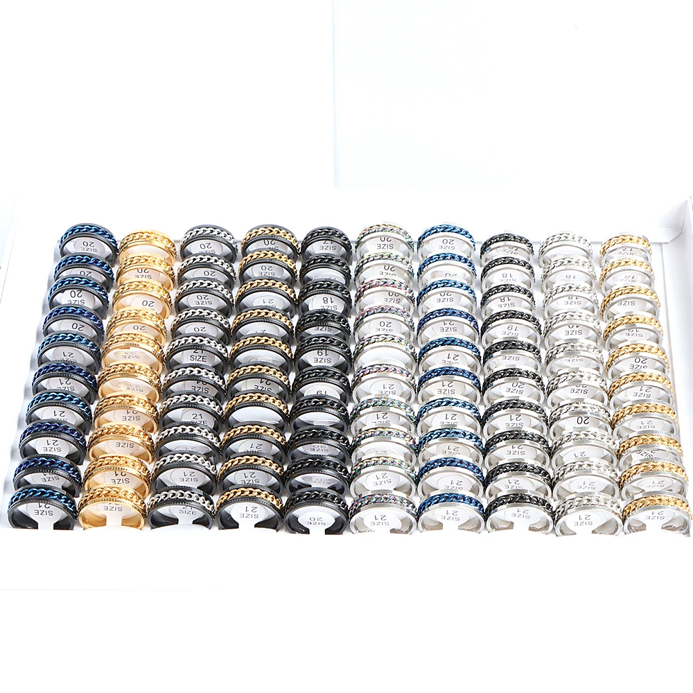 Pack of 10/30pcs Men\'s Spinner Chain Cool Stainless Steel Rings Tire Texture Rotatable Links Male Jewelry For Women