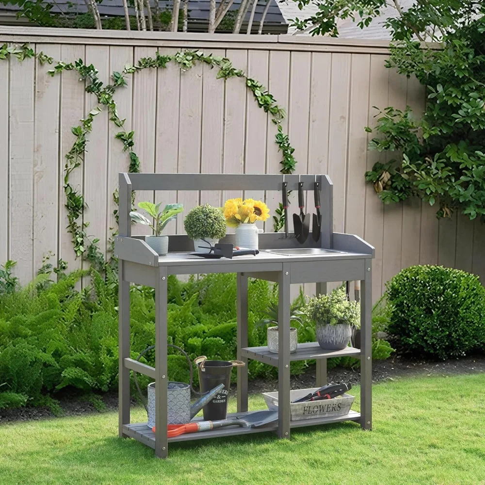 Outdoor Potting Bench with Sink, Rot-Resistant HDPS Potting Table for Outside Garden, All-Weather Use, (Light Grey), Customized
