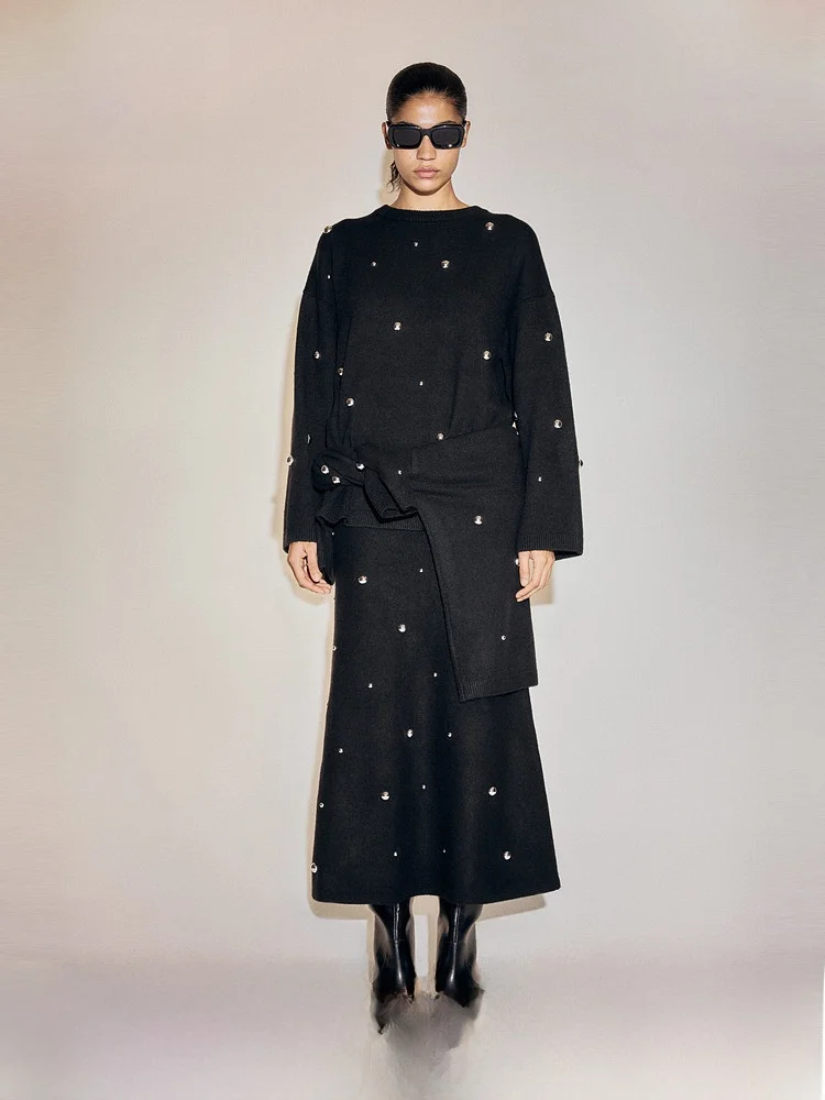 

H&M Women's Woolen Knitted Dr Casual Sle Dinner Par Base irt Rhinestone Embellied Ele Faion 35995