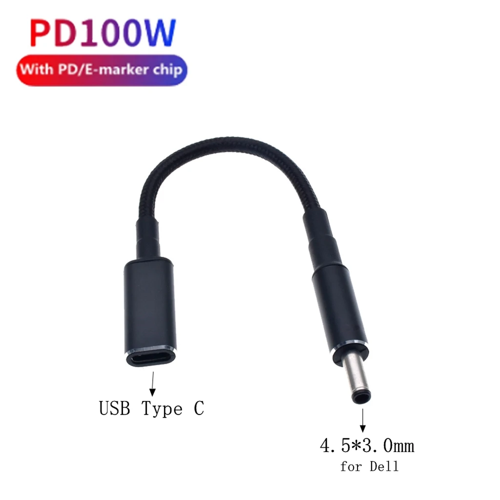 Type C to 4.5x3.0mm Plug Converter 100W USB C PD Fast Charging Cable for HP / Dell Laptop Charger DC 4.5*3.0@