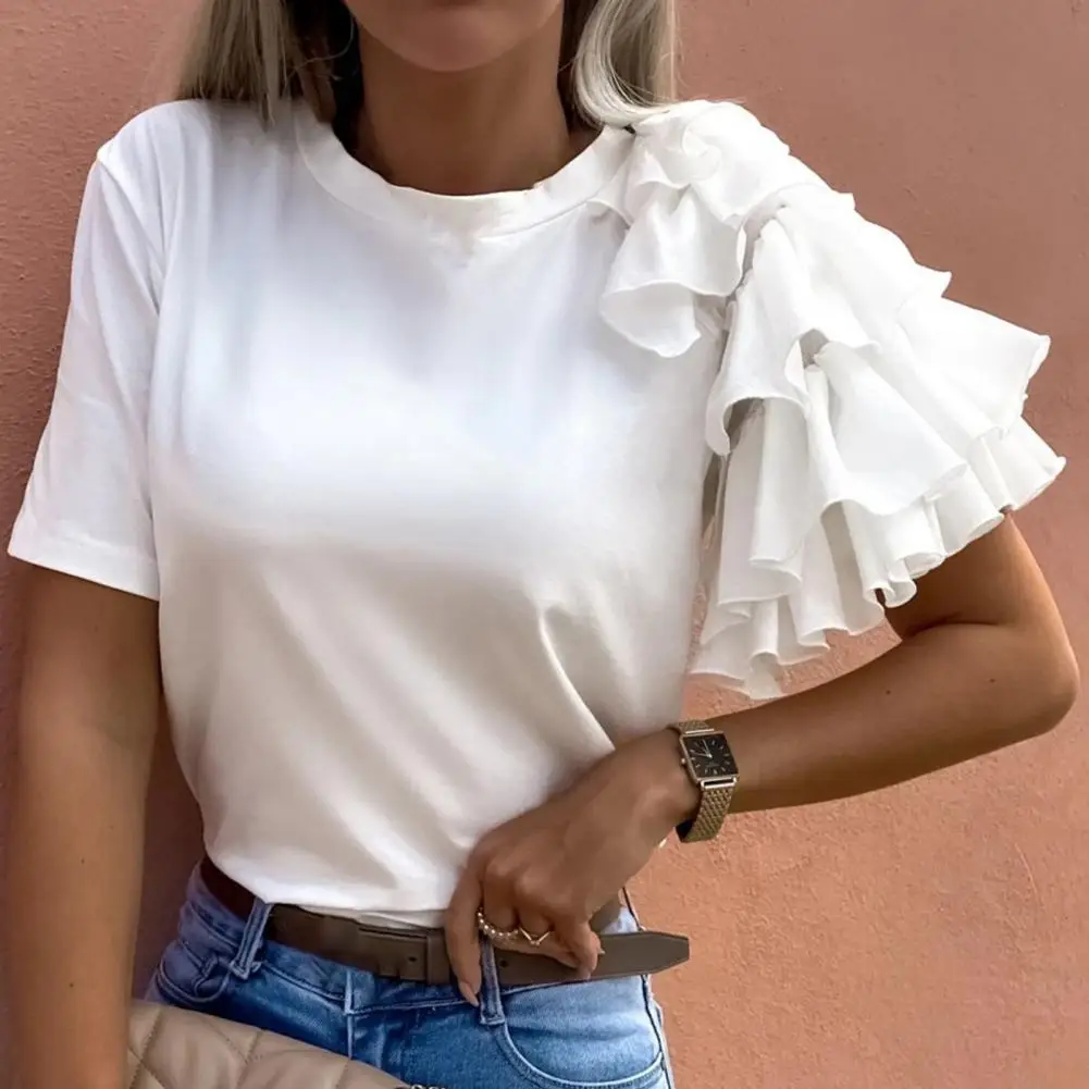 Women Blouse Layered Ruffles T-shirt Summer Crew Neck Pleats T-shirt All Match Ladies Pullover Top Elegant Office Women Shirts