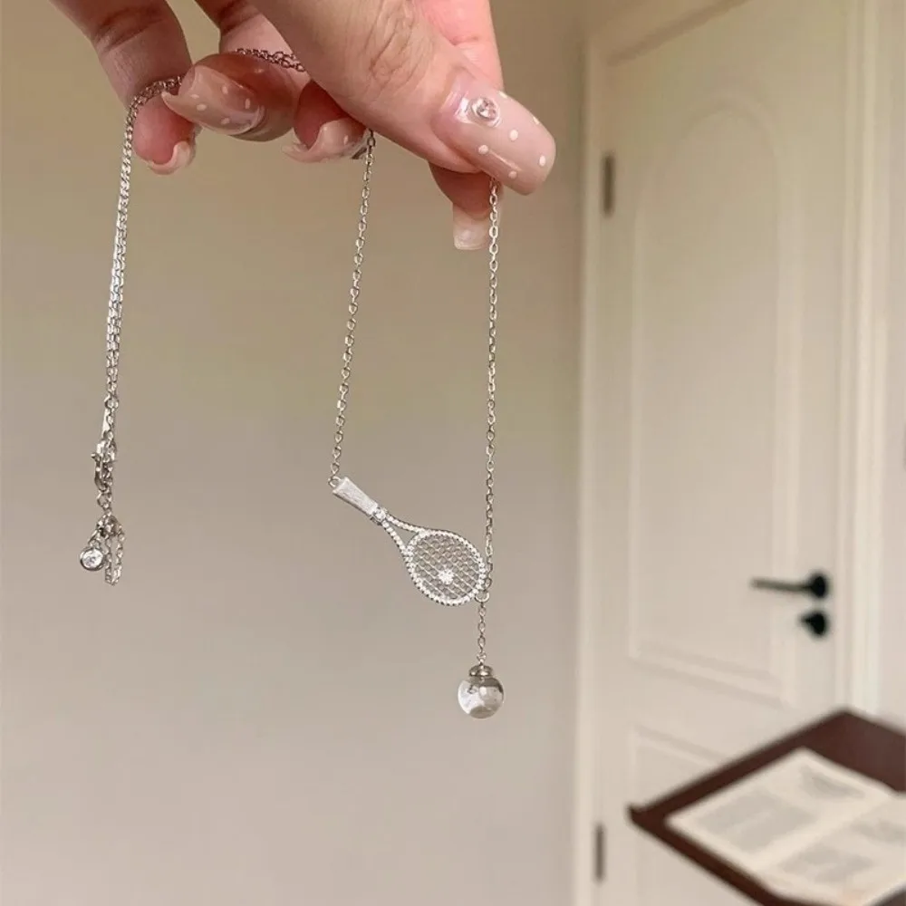 Fashion Exquisite Tennis Racket Necklace With Diamonds Silver Color Pendant Necklace Zirconia Metal Sweater Chain Jewelry Gifts