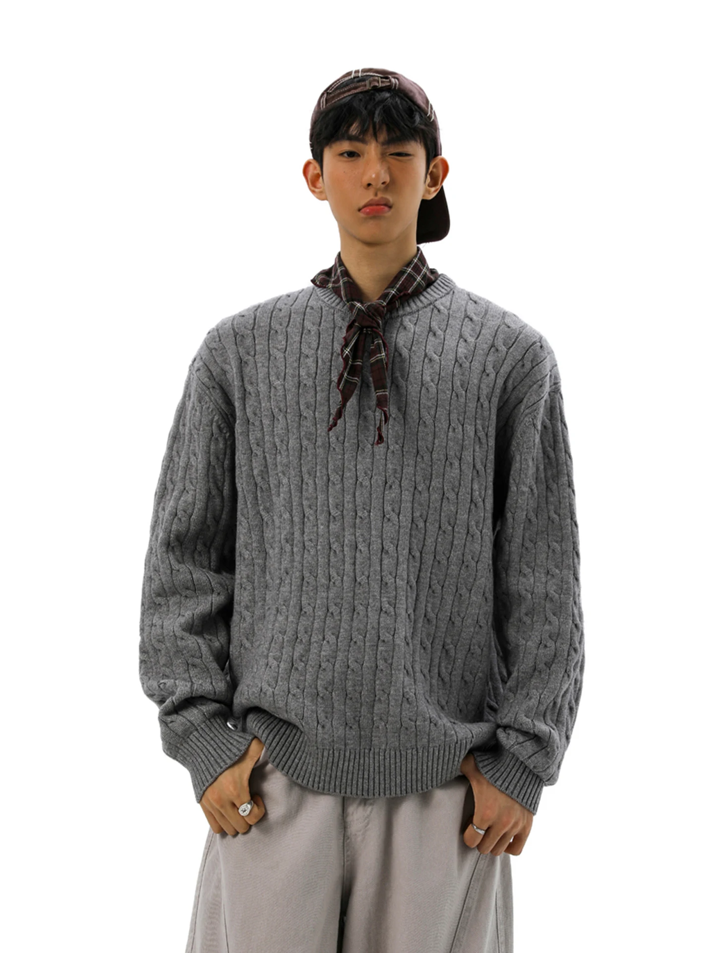 

Loose Fit Men's Knitted Sweater round Ne Twist Pattern Retro Sle Casual Inner Wear Base Layer Top New Arrival Autumn Winter