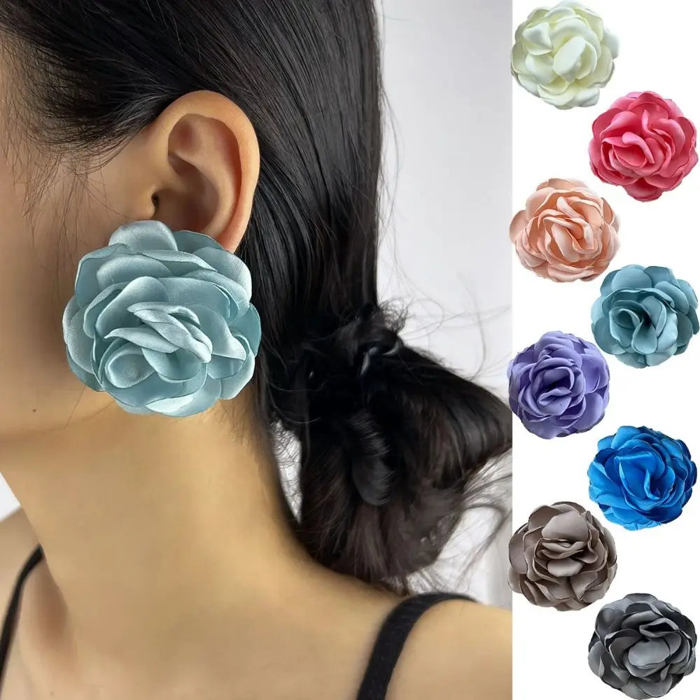 New Jewelry Accessories Large Flower Earrings Women Girls Fashion Solid Color Camellia Earrings Hat Decor Fabric Floral Ear Stud