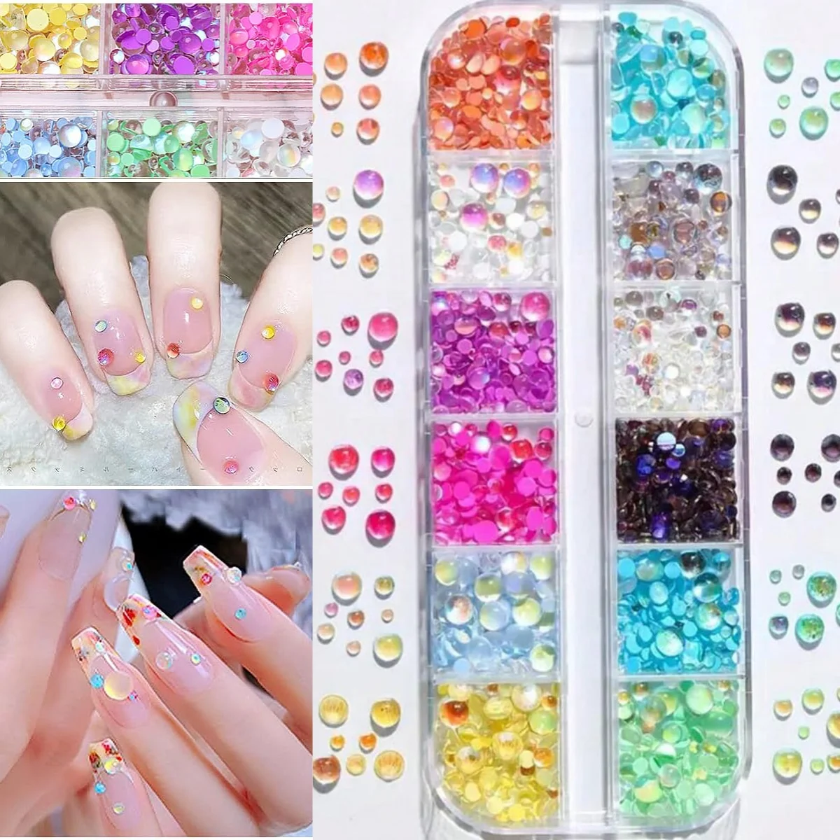 1Box Candy Color Mixed Size Mermaid Round Beads Nail Charms Glass Crystal Bead Hemispherical 3D Nail Rhinestones Kawaii Ornament view 2