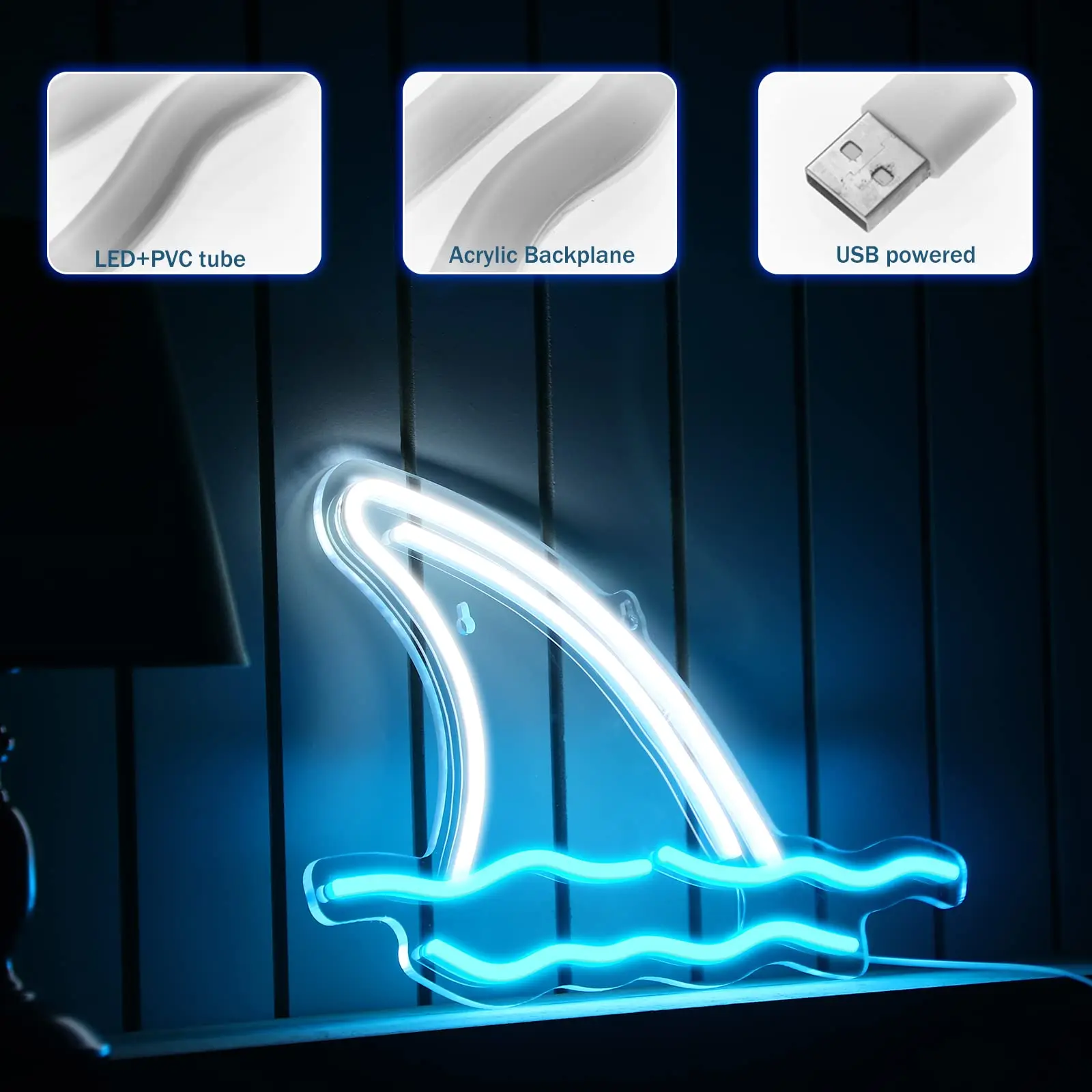 Shark Led Neon Signs Wall Decorative Shark Neon Lights Acrylic USB Powered Shark Light for Bedroom Decor Room Party Gifts