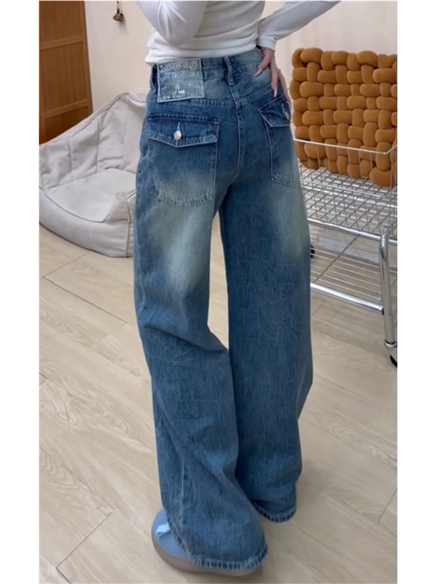 

American Retro Dodge Blue Low Waist Wide Leg Jeans Women's Loose Drapey Design Casual Pants Spring Season Casual Wear