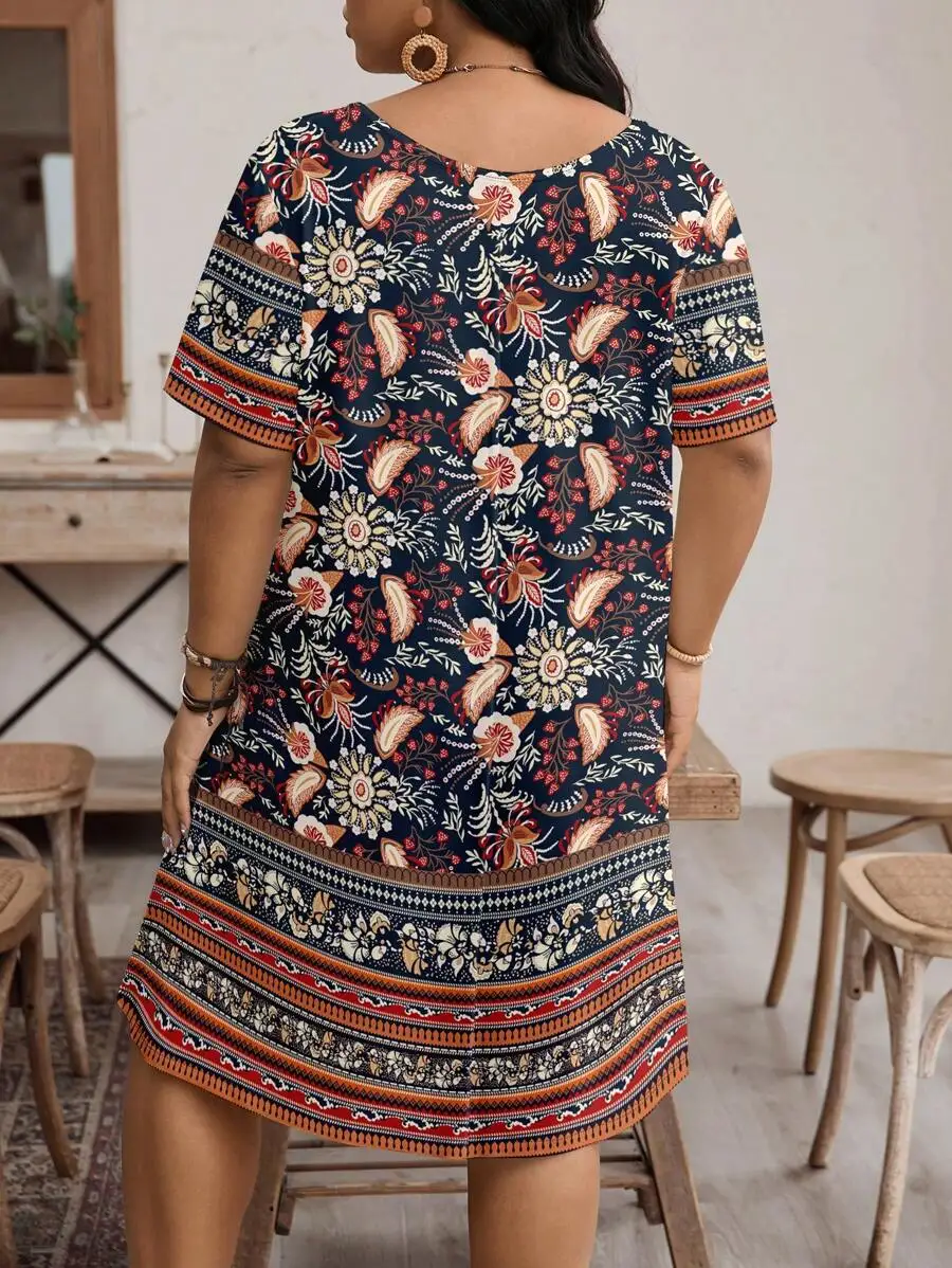 EMERY ROSE Women's Plus Size Navy Blue Dress,Vintage Floral Pattern Loose Round Neck Short Sleeve Boho Chic Sundress,Summer
