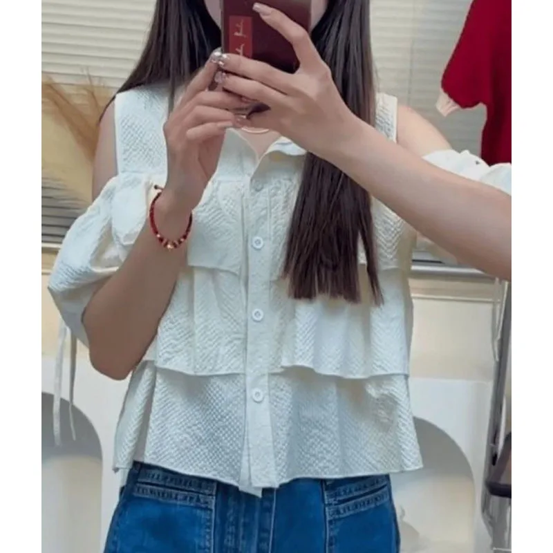 한국 여성 폴로 넥 블라우스, 단추 오프 숄더 반팔 타이업, 루즈하고 우아한 스플라이싱 프릴 셔츠 상의, 여름 신상