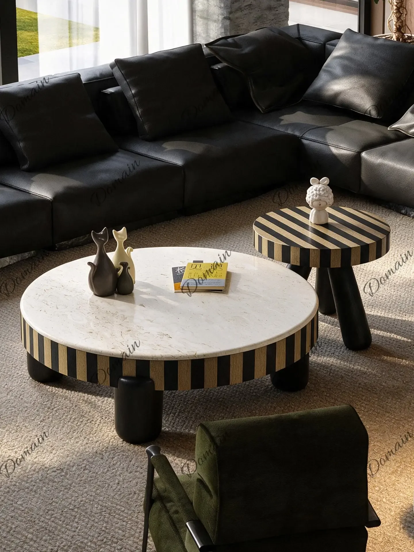 L44 Round Marble Coffee Table for Living Room, Italian Minimalist Wood Striped Nesting Tea Table Set