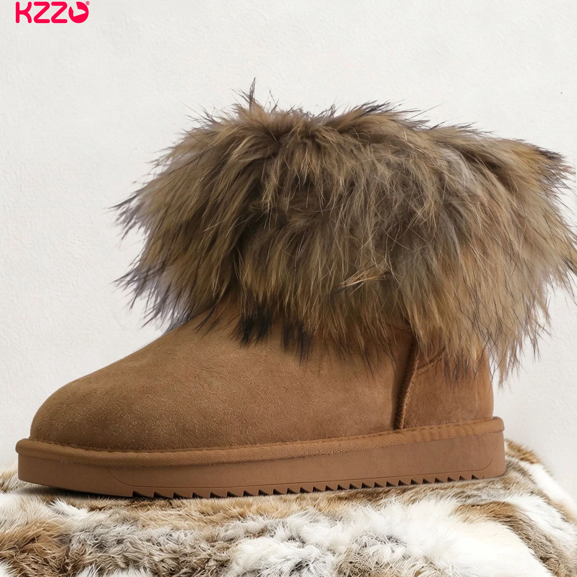 KZZO  New Fashion Women's Winter Genuine Leather Snow Boots Real Fox Fur Ankle Short Outdoor Non-slip Warm Wool Shoes Classic