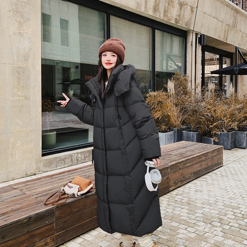 Long Winter Coat for Women, Female Hooded Jacket, Casual Down Jacket, Loose Windproof Outerwear, New Korean Fashion, 2024