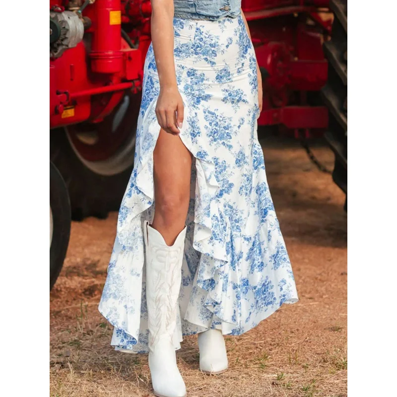 

Богемная западная бело-голубая цветочная макси-юбка с высоким разрезом и рюшами, летний незаменимый стиль для женщин, подходящий для модных выходов