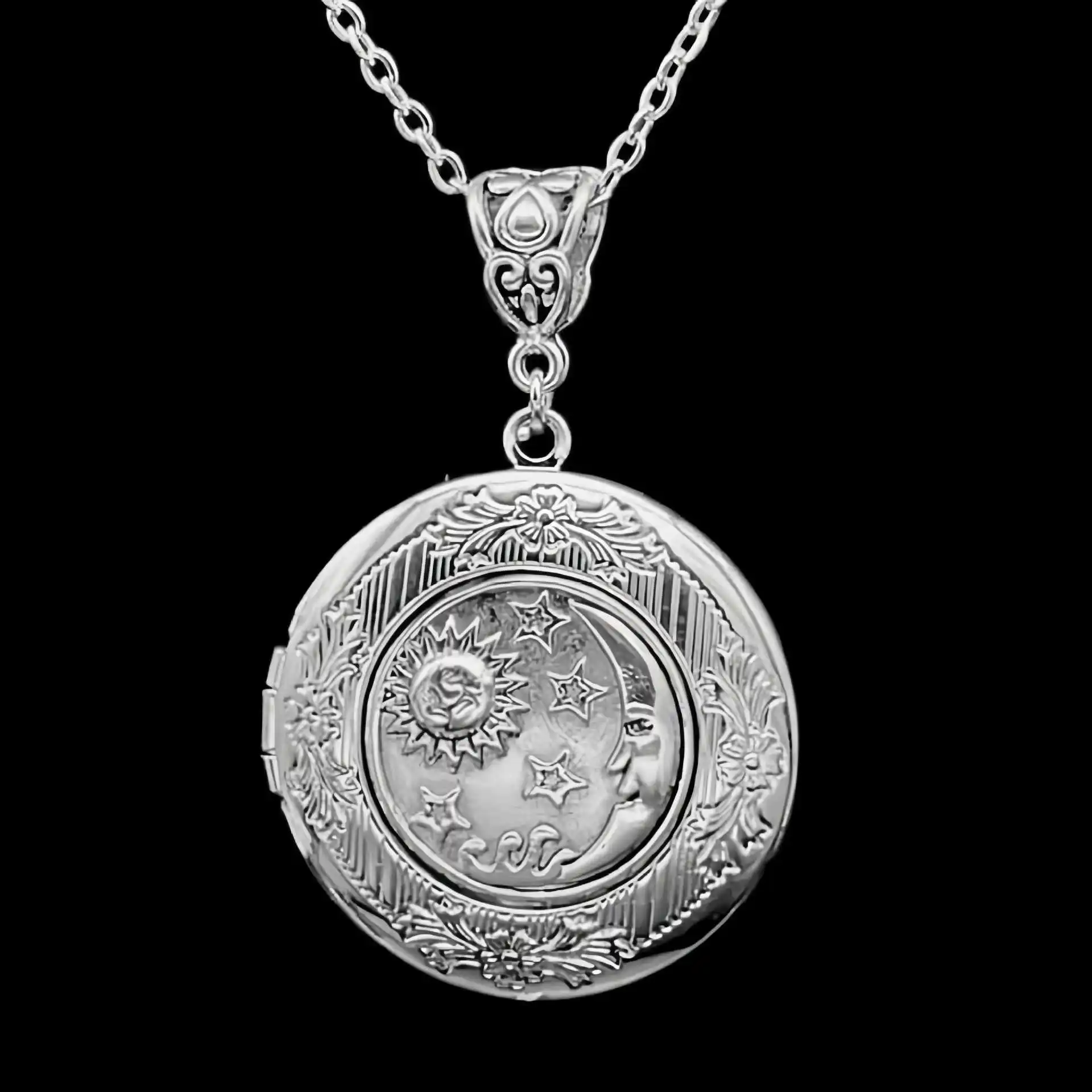 Vintage Sun Star Moon Phase Sun Moon Lock Pendant Necklace Stainless Steel Silver Plated Alternative Jewelry