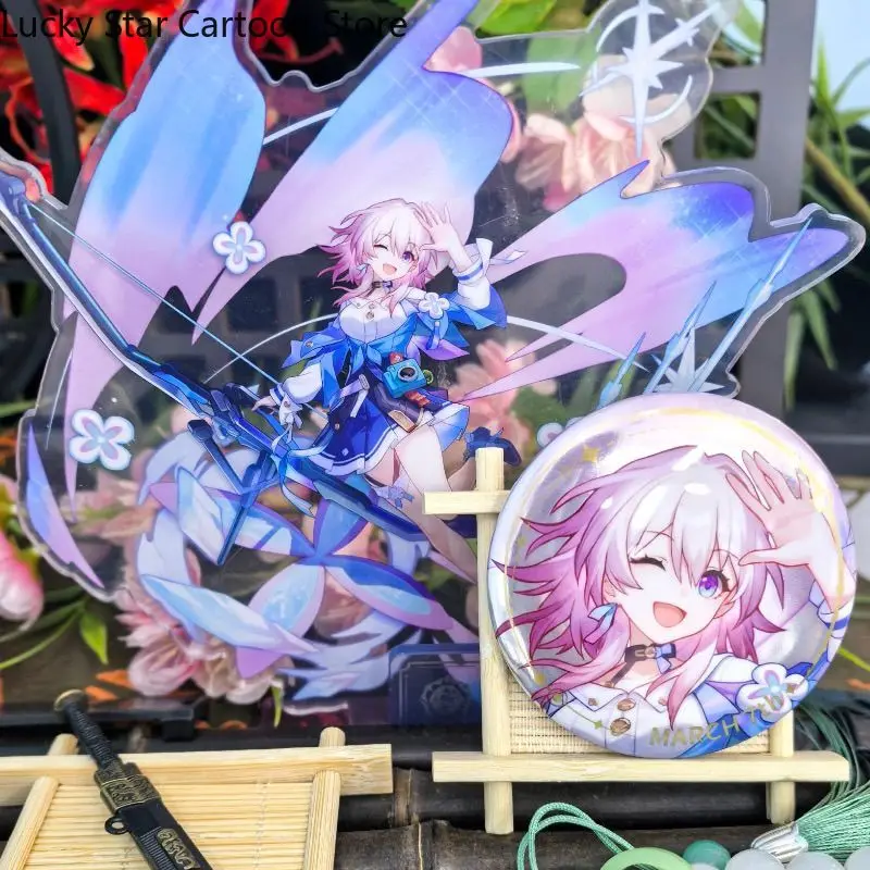 Anime Honkai: Star Rail March 7th Pin Brooch Badge Button Acrylic Stand Model Desk Display Standing Exhibit Through Card 2pcs