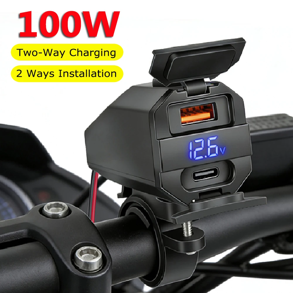 

Motorcycle USB Phone Charger 100W Super Fast Emergency Two-Way Charging USB Type-C Moto Battery Charger & Voltmeter For iPhone